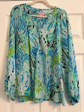 Lilly Pulitzer Elsa Silk Blouse, "Spa Blue Let's Cha Cha", size XL, EUC